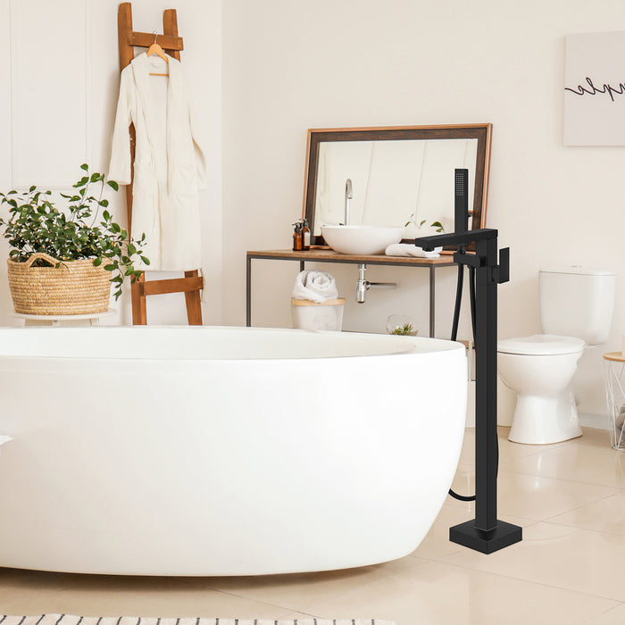 gotonovo Black Freestanding Bathtub Faucet Floor Mount Tub Filler Single Handle Brass Tap with Hand Shower and 360 Degree Swivel Spout