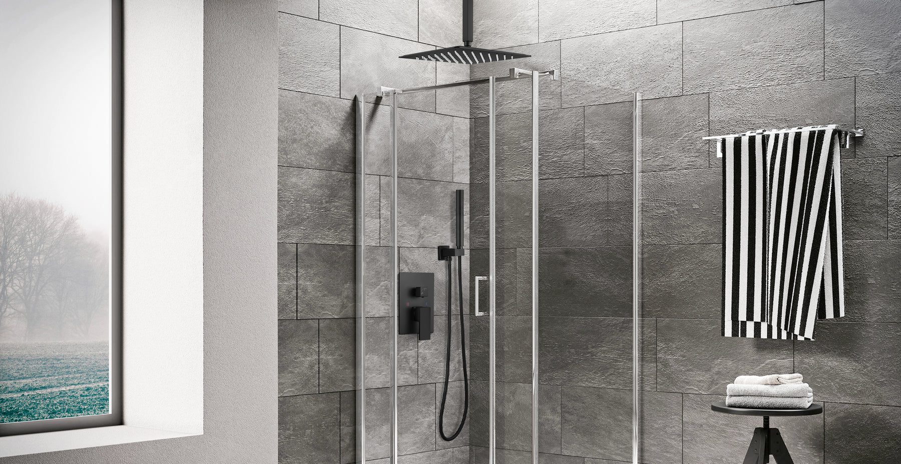Ceiling Mount Shower Faucet Set Matte Black 12 Inch Square Showerhead Bathroom Rainfall Shower System SUS304 Stainless Steel Shower Trim Kit 2 in 1 Cylindrical Handheld shower with Rough-in Valve