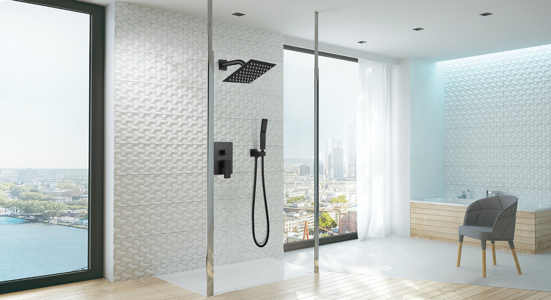 gotonovo Matt Black Shower System Bathroom Shower Faucet Set Wall Mounted 8 Inch Square Rainfall Shower Head 2-Function Single Handle and Hand Held Spray with Rough-in Valve and Shower Trim Included