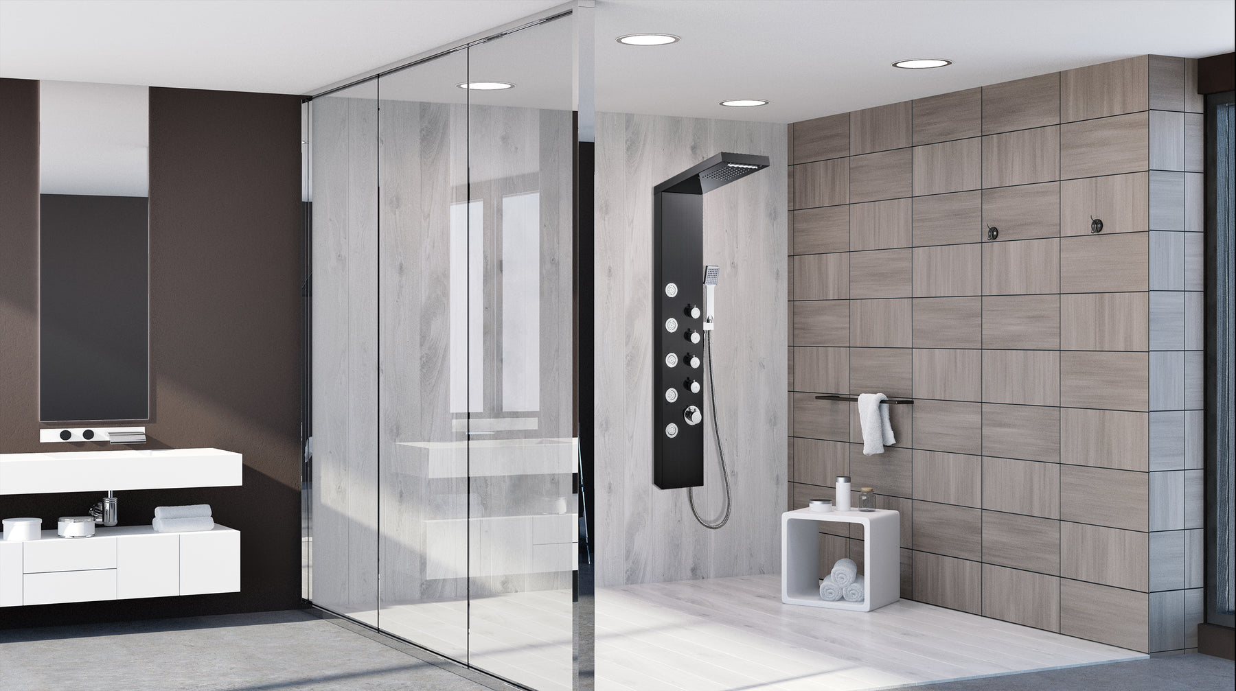 gotonovo Stainless Steel Shower Panel Tower System with Shower Column with Body Jets Nozzles with Handheld Shower with Black Rainfall Waterfall Shower 4-Functions