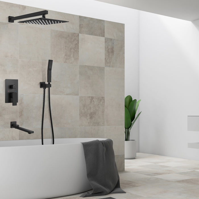 Matte Black Shower Faucet Set Wall Mount Triple Function Bathroom Shower System with Tub Spout High Pressure Square 10" Rain Showerhead Hand Shower Rough-In Valve