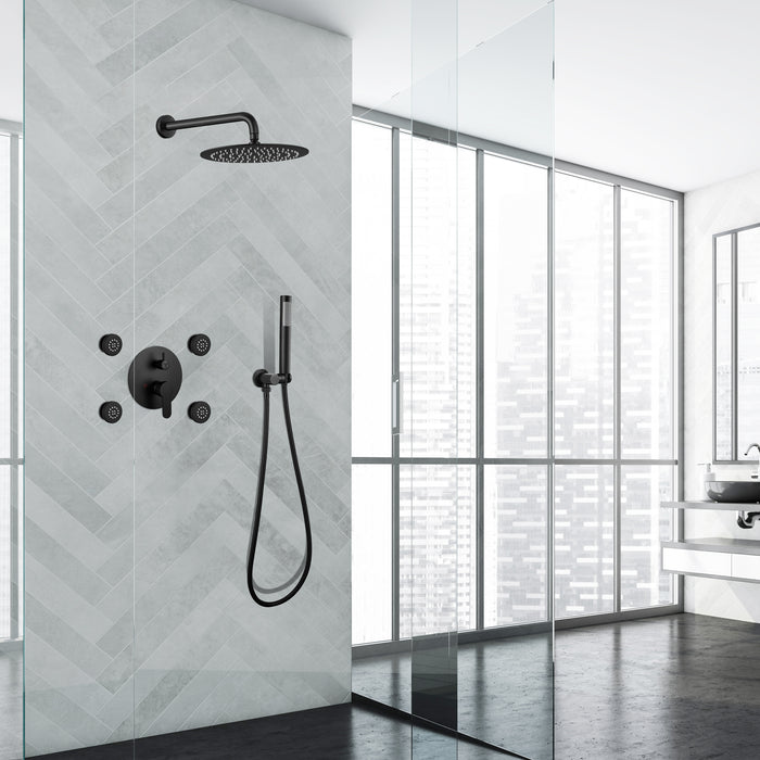 gotonovo 12’’ Rain Mixer Shower System Wall Mount Round Shower Head Combo Set with 4pcs Body Spray Jets and Brass Handheld Shower Matte Black High Pressure Rough-in Valve and Trim Included