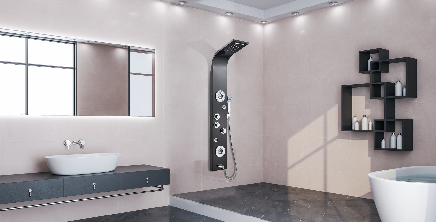 304 Stainless Steel Wall Mount Shower Panel Tower System Multiple Functions Black Waterfall Rain Massage System with Body Jets Nozzles Rainfall Shower Head and Tub Spout Multiple Functions