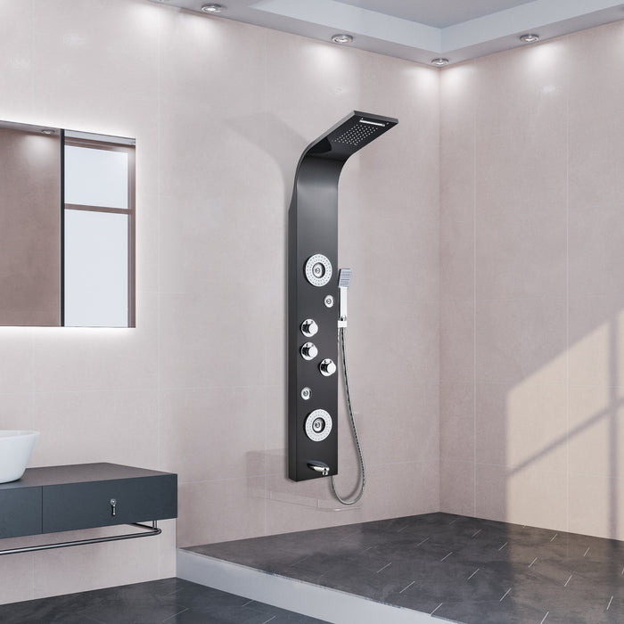 304 Stainless Steel Wall Mount Shower Panel Tower System Multiple Functions Black Waterfall Rain Massage System with Body Jets Nozzles Rainfall Shower Head and Tub Spout Multiple Functions