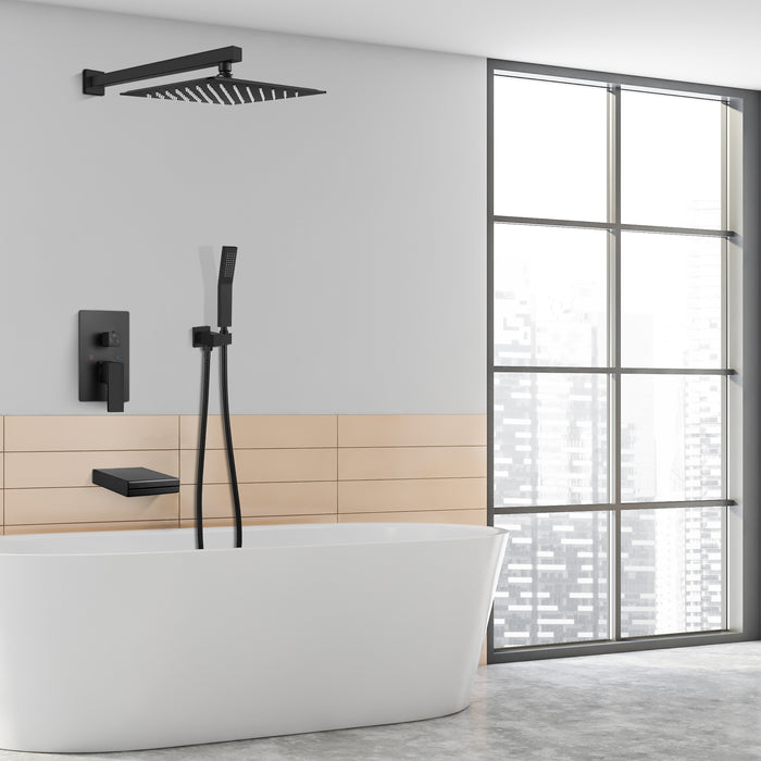 gotonovo Matte Black Rain Mixer Shower Faucet Set Waterfall Tub Spout with 12 inch Square Rainfall Shower Head and Handheld Spray Wall Mounted Rough-in Valve and Trim Included