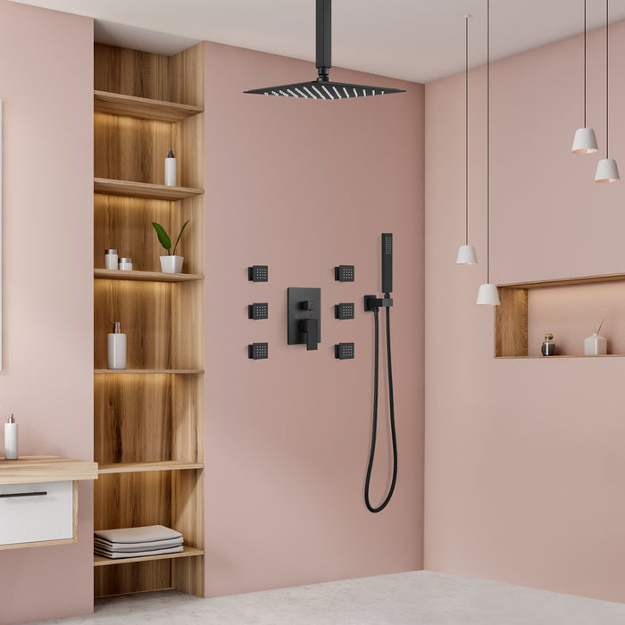 gotonovo Matte Black Ceiling Mounted Rain Mixer Shower Faucet Set 12 inch Square Rainfall Shower Head with 6 Body Spray Jets and Brass Handshower Pressure Balance Rough-in Valve and Trim Included