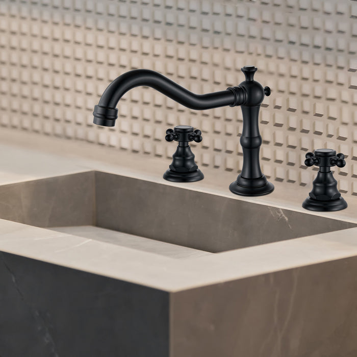 Matte Black Victorian Widespread Deck Mounted Three Holes Double Handles Bathroom Sink Faucet with Matching Pop Up Drain with Overflow