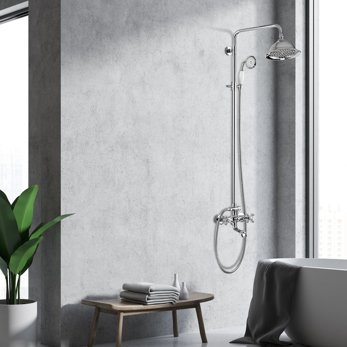 Bathroom Shower Fixture Polish Chrome 8 Inch Rainfall Shower Head Set with Tub Spout Shower Faucet and Handheld Spray Wall Mount Double Cross Handle