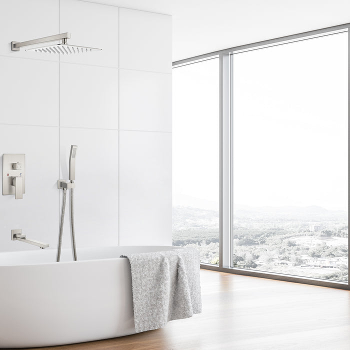 10" Rainfall Shower Head Shower Faucet Set Brushed Nickel Wall Mount Bathroom Shower System with Tub Spout Square High Pressure with Hand Sprayer Rough-In Valve