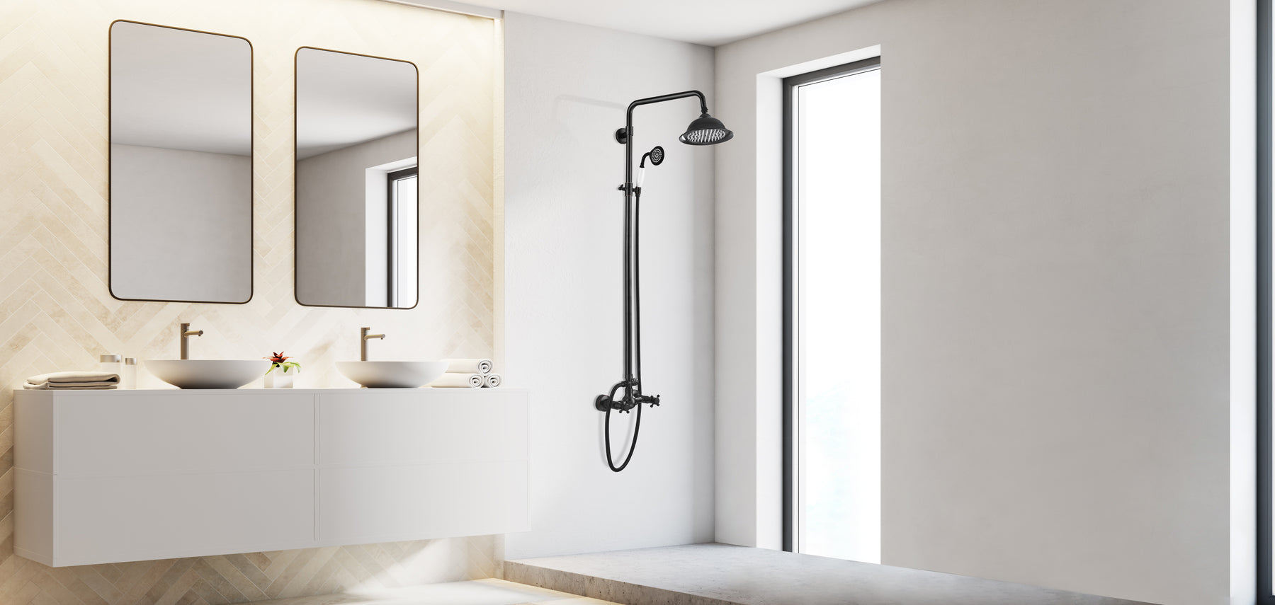gotonovo Matte Black Shower Faucet 8 Inch Rainfall Shower Head Set Double Cross Handle with Handheld Spray Bathroom Shower System Wall Mount