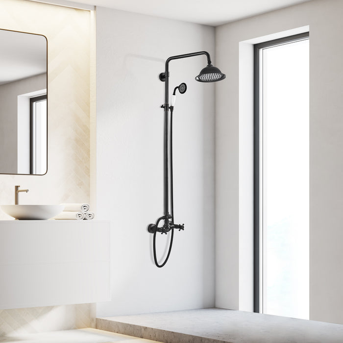 gotonovo Matte Black Shower Faucet 8 Inch Rainfall Shower Head Set Double Cross Handle with Handheld Spray Bathroom Shower System Wall Mount