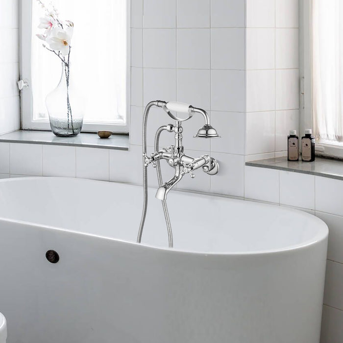Vintage Wall Mount Clawfoot Tub Faucet 3-9Inch Adjustable Center Polished Chrome 2 Double Handle Shower Faucet System Telephone Shape