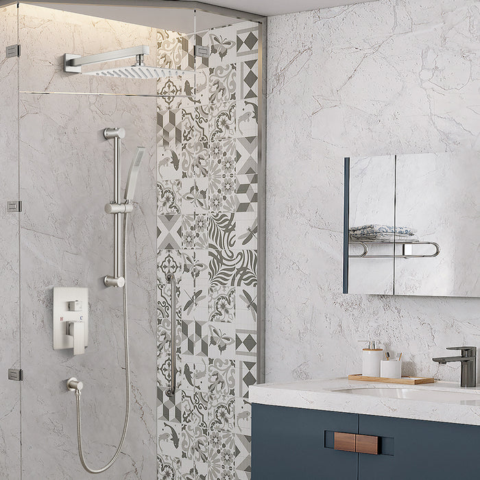 gotonovo 12 inch Shower Faucet Set Brushed Nickel Square Rain Shower Head with Adjustable Angle Slide Bar Wall Mounted Shower Trim Kit Shower System Rough-in Valve and Trim Included