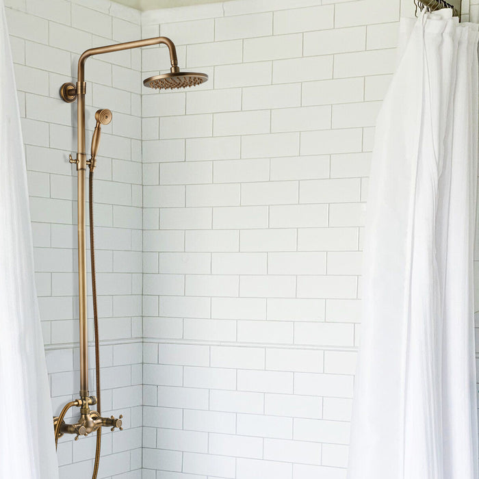 Antique Brass Bathroom Shower Faucet Set Brushed Gold Shower Fixture 8 Inch Rainfall Shower Head Handheld Shower Cross Handle