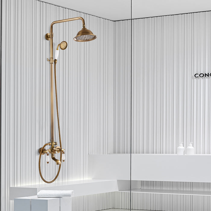 Antique Brass Shower Faucet 8-inch Luxury Shower Head Fixture with Handheld Spray Double Lever Handle Bathtub Spout Triple Function Bathroom Wall Mount