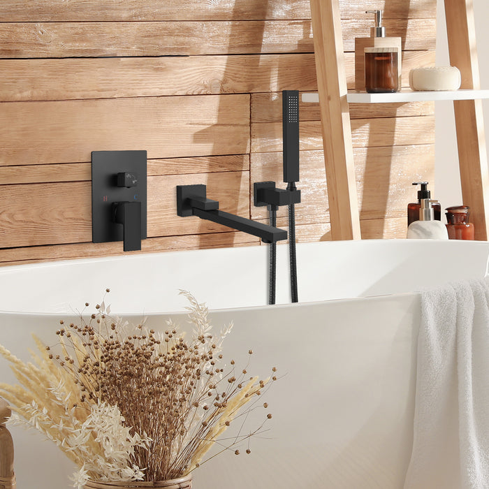 gotonovo Matte Black Wall Mount Bathtub Faucet with Hand Held Sprayer and Swivel Tub Filler Single Handle Bathroom Shower System Mixer For Tub Rough-In Valve Included Dual Functions
