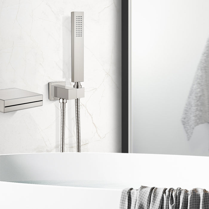 Brushed Nickel Waterfall Bathtub Faucet with Hand Held Shower Wall Mounted Rough in Valve Bathroom Tub Filler Spout Bathtub Sprayer Solid Brass