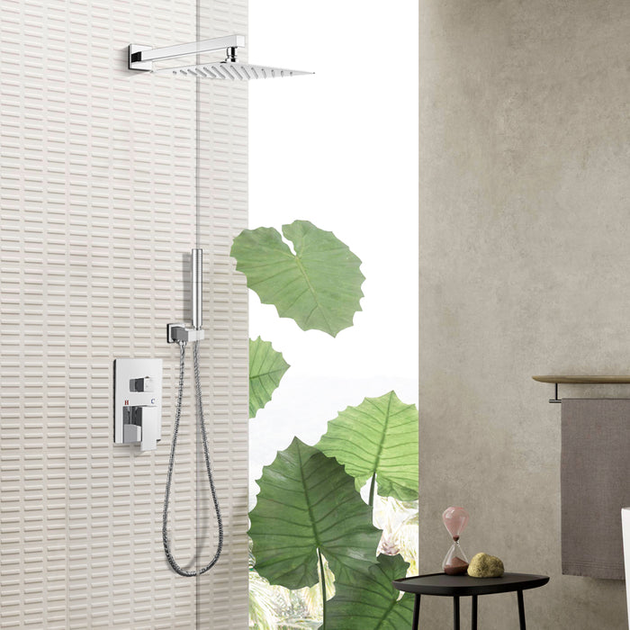 gotonovo Chrome Polished Shower Faucet Set 12 Inch Square Showerhead Bathroom Rainfall Shower System Wall Mount Shower Trim Kit 2 in 1 Cylindrical Handheld shower with Rough-in Valve