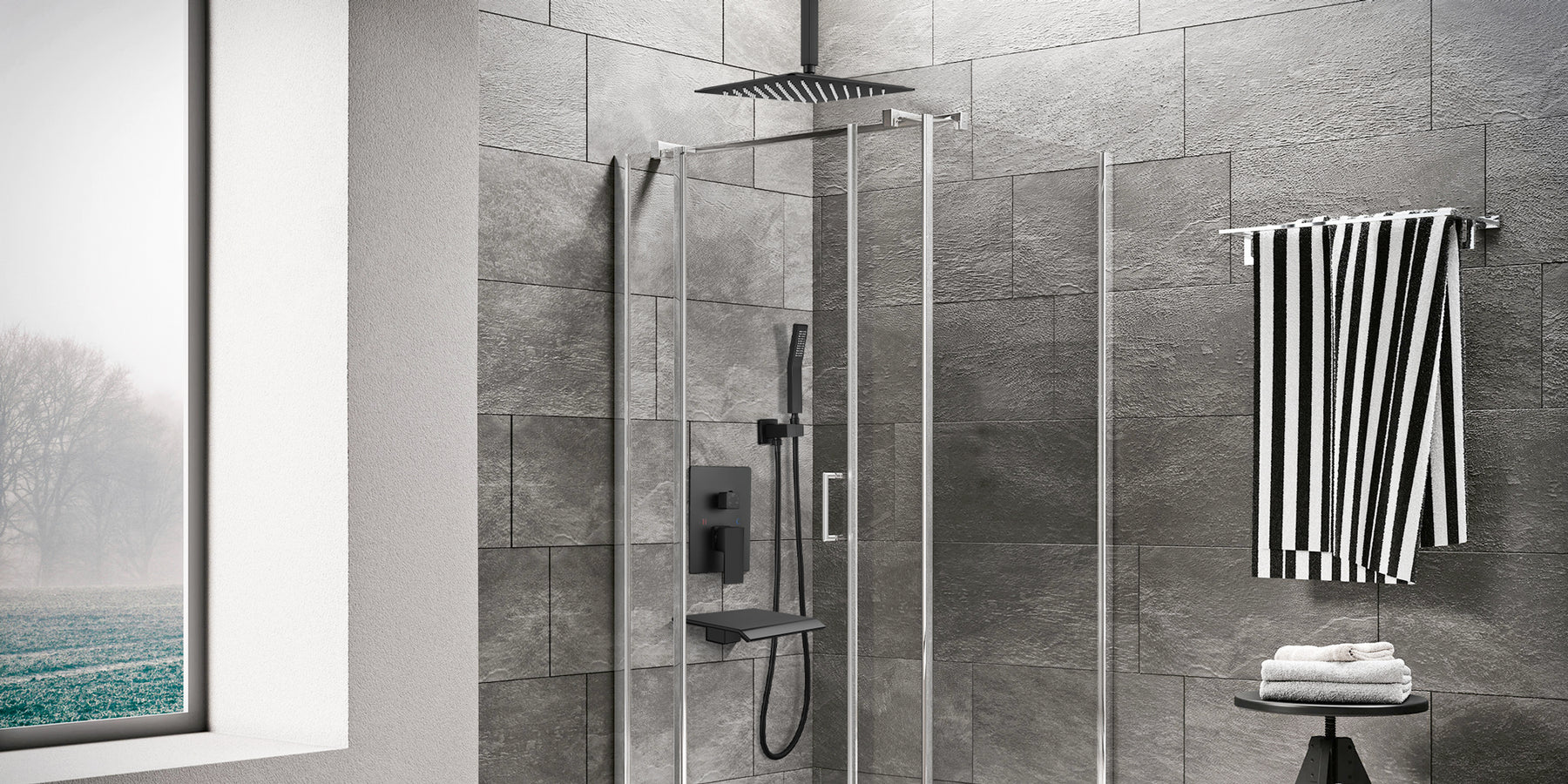 gotonovo 12 inch Matte Black Rain Mixer Shower Faucet Set with Waterfall Tub Spout Square Rainfall Shower Head with Handheld Spray Ceiling Mounted Rough-in Valve and Trim Included