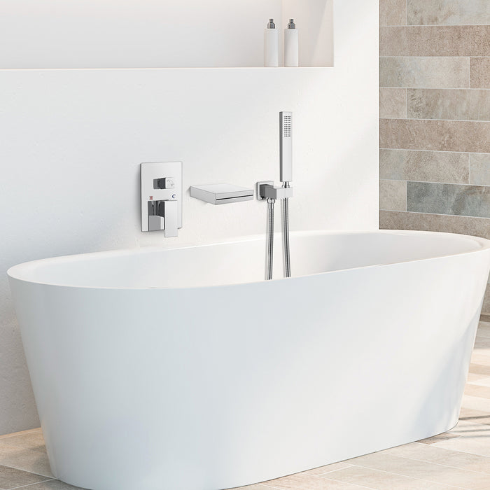 Chrome Polished Waterfall Bathtub Faucet with Hand Held Shower Wall Mounted Rough in Valve Bathroom Tub Filler Spout Bathtub Sprayer Solid Brass