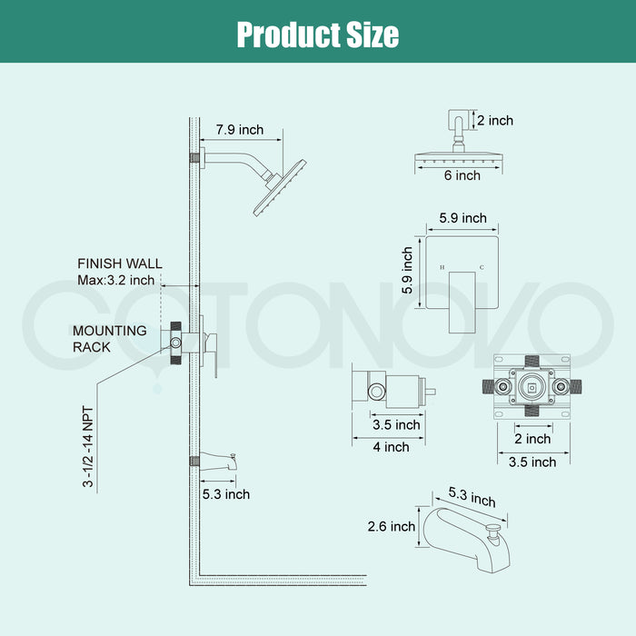 gotonovo 6" Square Showerhead Rainfall Shower System with Single Handle and Tub Spout Wall Mounted Bathroom  Shower Trim Kit,Brass Male Threads Rough-in Valve