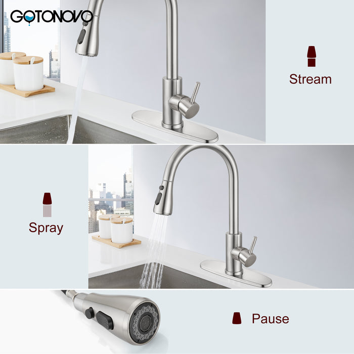 gotonovo Kitchen Faucet with High Arc Pull Out Sprayer Single Handle Stainless Steel Replacement Sprayer,Commercial Modern RV