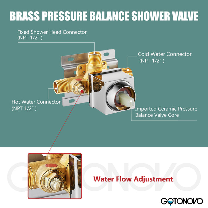 gotonovo 6" Square Showerhead Rainfall Shower System with Single Handle and Tub Spout Wall Mounted Bathroom  Shower Trim Kit,Brass Male Threads Rough-in Valve