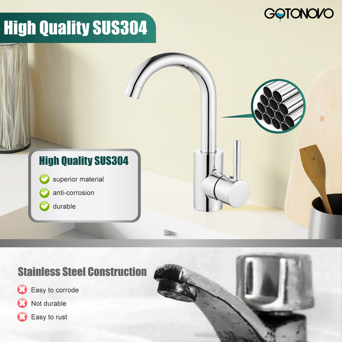 gotonovo Bathroom Sink Faucet,Bar Faucets Single Hole,RV Kitchen Restroom Campers Tap with Deck Plate & Drain Stainless Steel 360 Degree Rotation Spout