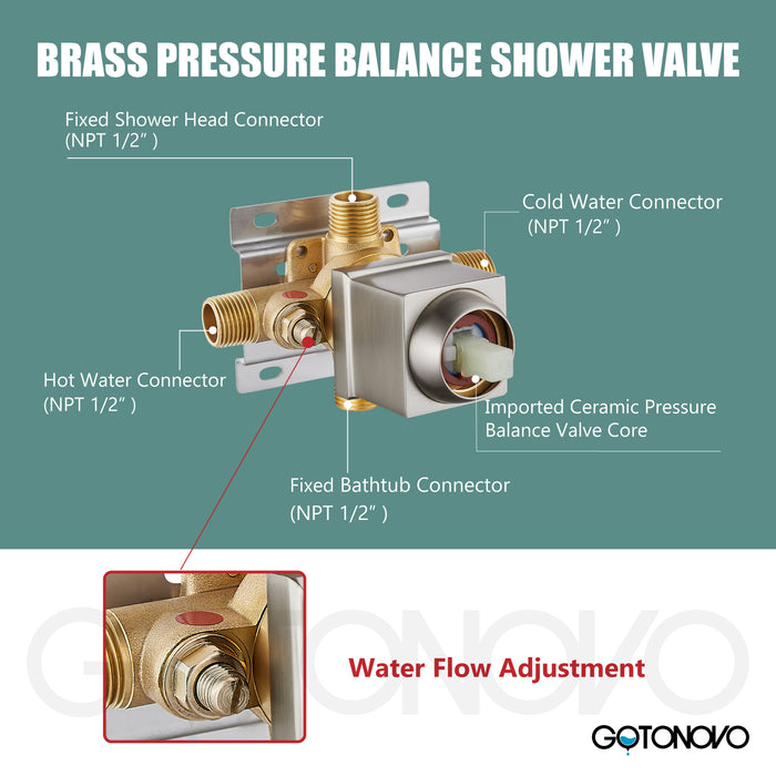 gotonovo 6" Square Showerhead Rainfall Shower System with Single Handle and Tub Spout Wall Mounted Bathroom  Shower Trim Kit,Brass Male Threads Rough-in Valve