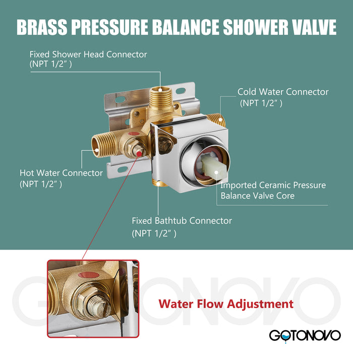 gotonovo 6" Square Showerhead Rainfall Shower System with Single Handle and Tub Spout Wall Mounted Bathroom  Shower Trim Kit,Brass Male Threads Rough-in Valve