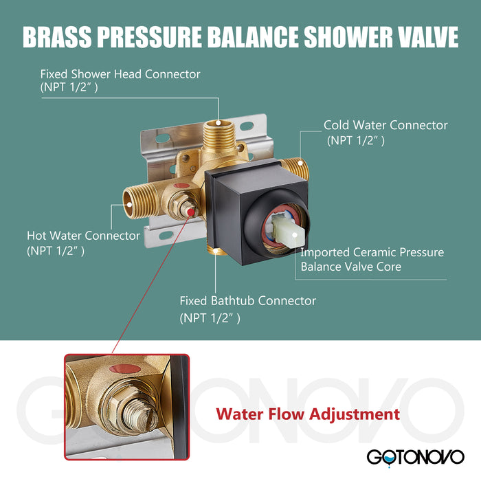 gotonovo 6" Square Showerhead Rainfall Shower System with Single Handle and Tub Spout Wall Mounted Bathroom  Shower Trim Kit,Brass Male Threads Rough-in Valve