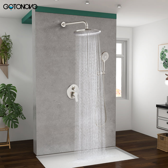 gotonovo 10-inch ronde douchekop regendouchesysteem met enkele handsproeier wandmontage 2 functies doucheklep en trimset messing drukbalansklep