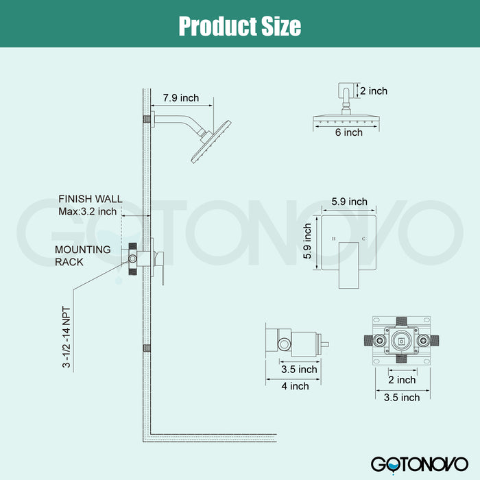 gotonovo 6" Square Showerhead Rainfall Shower System with Single Handle and Tub Spout Wall Mounted Bathroom  Shower Trim Kit,Brass Male Threads Rough-in Valve