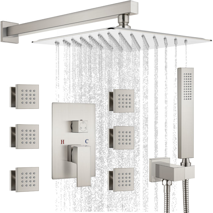 gotonovo Shower Faucet with Full Body Jets Rain Mixer 12 inch Rainfall Shower Head and Handheld Spray Combo Wall Mounted Rough-in Valve and Trim Included with 6pcs Body Message Jets
