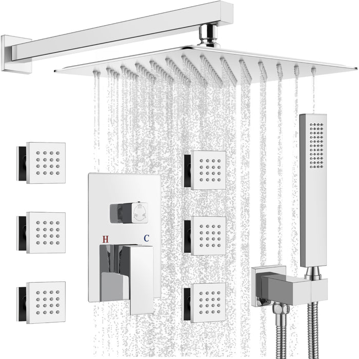 gotonovo Shower Faucet with Full Body Jets Rain Mixer 12 inch Rainfall Shower Head and Handheld Spray Combo Wall Mounted Rough-in Valve and Trim Included with 6pcs Body Message Jets