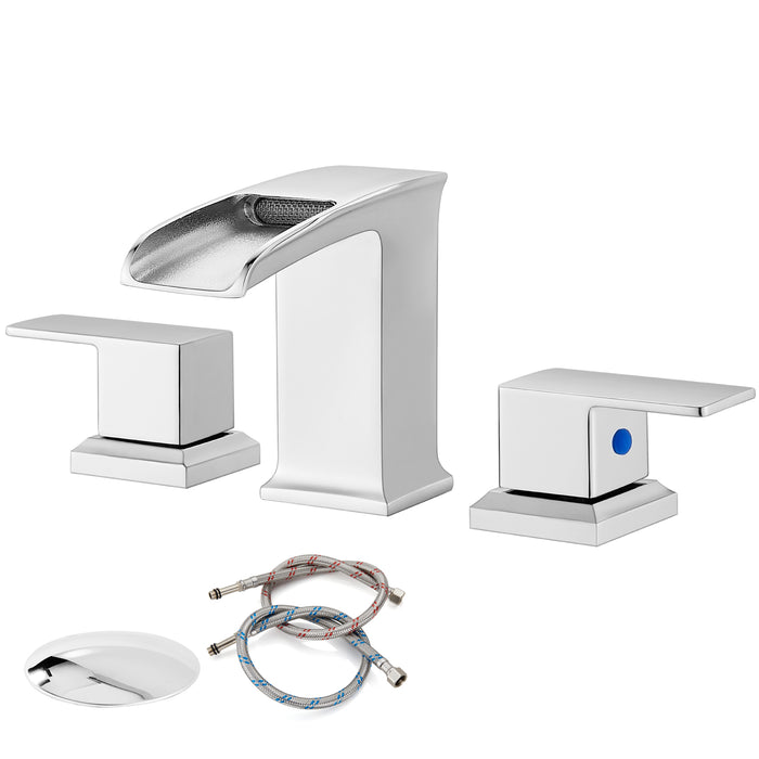 gotonovo Widespread Waterfall Bathroom Faucets for Sink 3 Hole 8 Inch Farmhouse Sink Faucet Set Waterfall Faucet Lavatory 2 Handles and Supply Lines Mix Tap