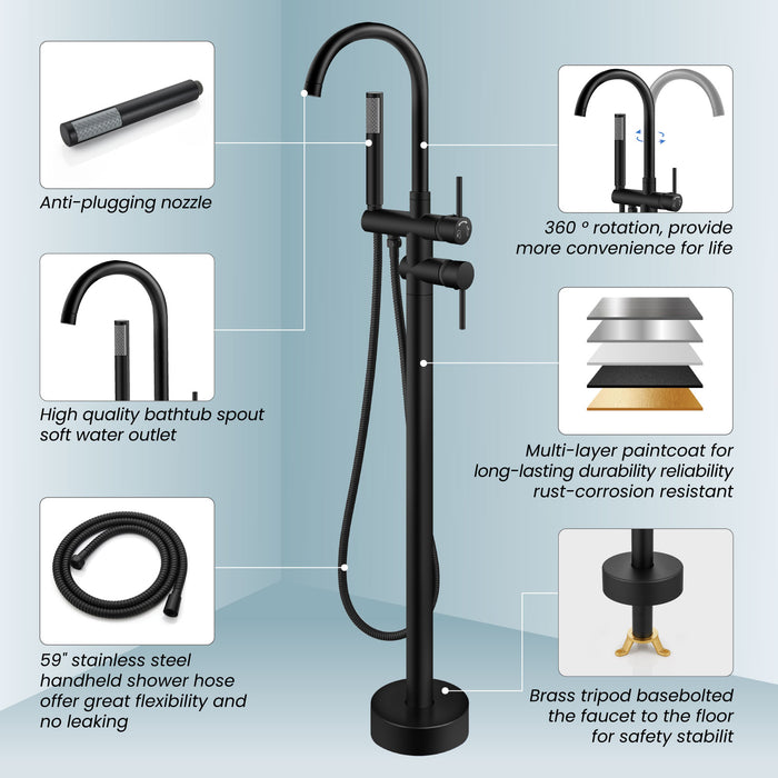 gotonovo Freestanding Tub Faucets Floor Mount Tub Filler, High Flow Free Standing Bathtub Faucet Stand Alone with Handheld Shower and Rough-in Valve,360° Swivel High-Arc Spout,SUS304