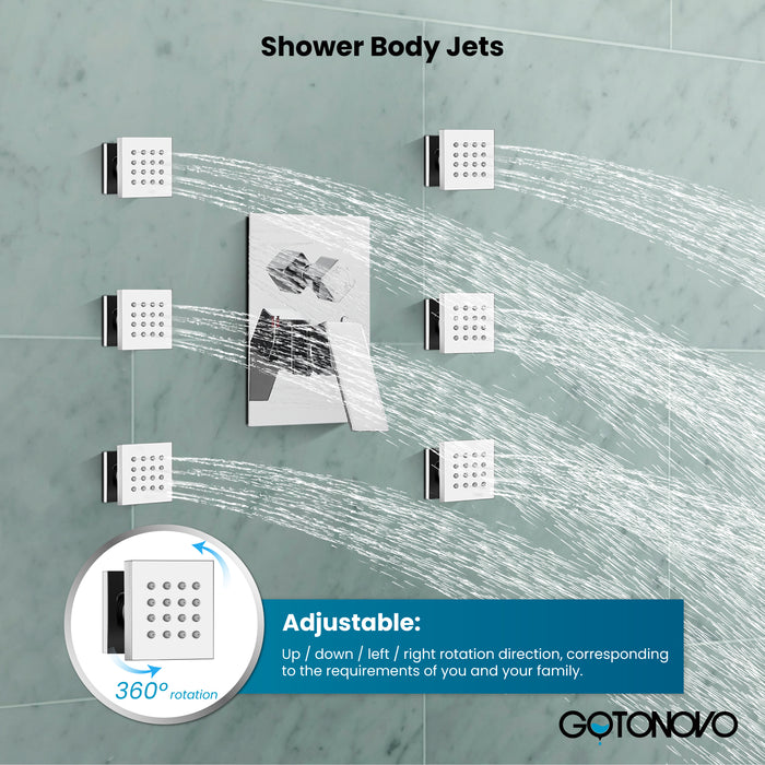 gotonovo Shower Faucet with Full Body Jets Rain Mixer 12 inch Rainfall Shower Head and Handheld Spray Combo Wall Mounted Rough-in Valve and Trim Included with 6pcs Body Message Jets