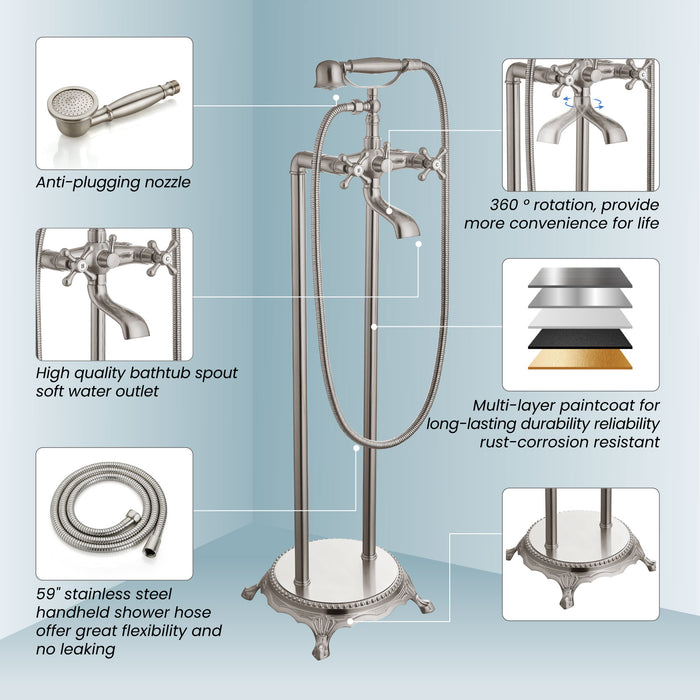gotonovo Free Standing Tub Faucet,Brass Handheld Spray,Clawfoot Freestanding Bathtub Faucet,Vintage Floor Mount High Flow Tub Filler with Double Cross Handles,360°Rotation Spout
