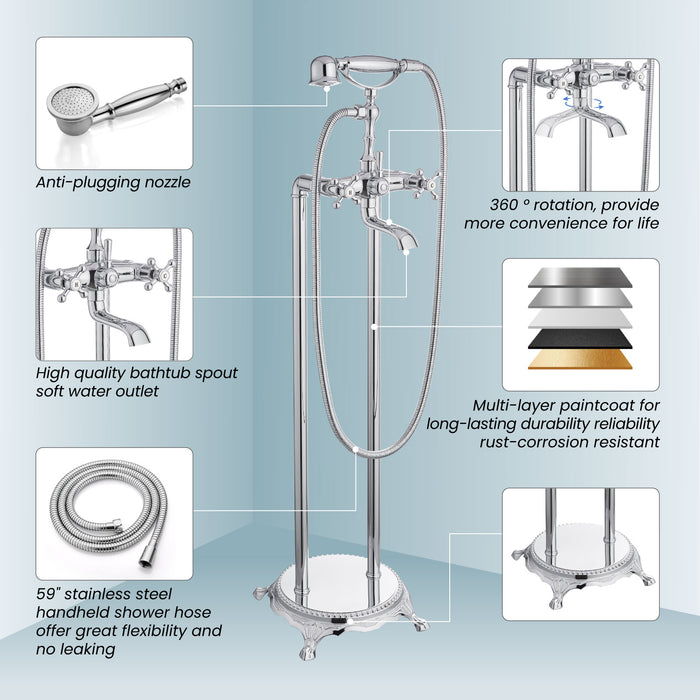 gotonovo Free Standing Tub Faucet,Brass Handheld Spray,Clawfoot Freestanding Bathtub Faucet,Vintage Floor Mount High Flow Tub Filler with Double Cross Handles,360°Rotation Spout