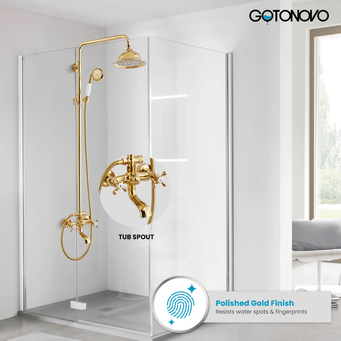 Gotonovo Exposed Shower System 8 Inch Rainfall Shower Head with Tub Spout and Handheld Spray Dual Cross Handle Bathroom Shower Faucet Wall Mount