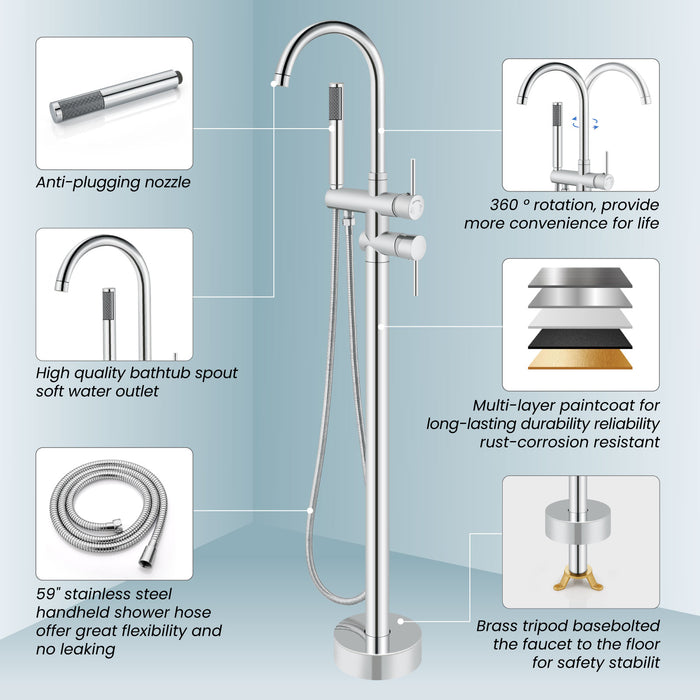 gotonovo Freestanding Tub Faucets Floor Mount Tub Filler, High Flow Free Standing Bathtub Faucet Stand Alone with Handheld Shower and Rough-in Valve,360° Swivel High-Arc Spout,SUS304