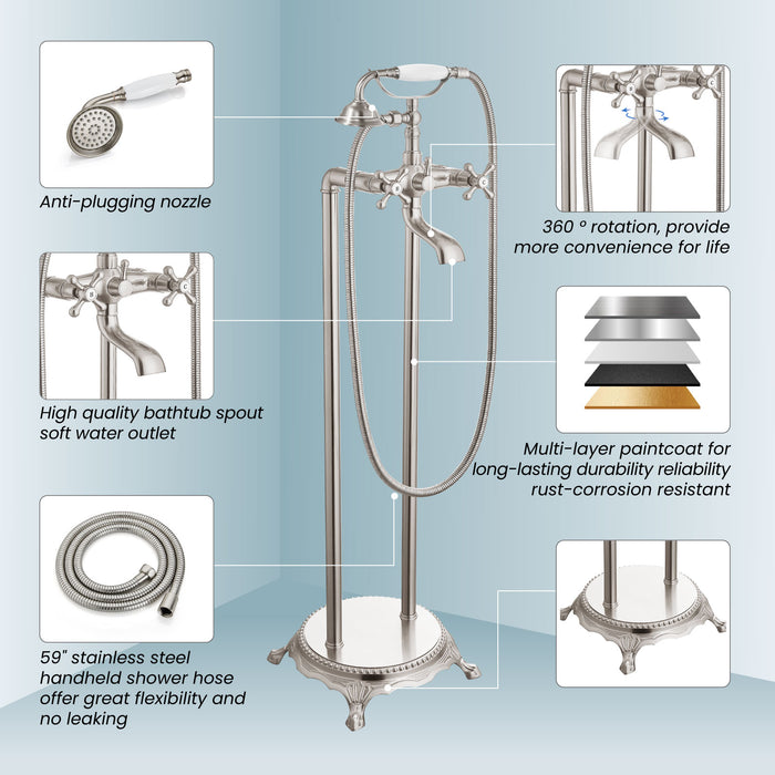 gotonovo Free Standing Tub Faucet,Ceramic Handheld Spray,Clawfoot Freestanding Bathtub Faucet,Vintage Floor Mount High Flow Tub Filler with Double Cross Handles,360°Rotation Spout