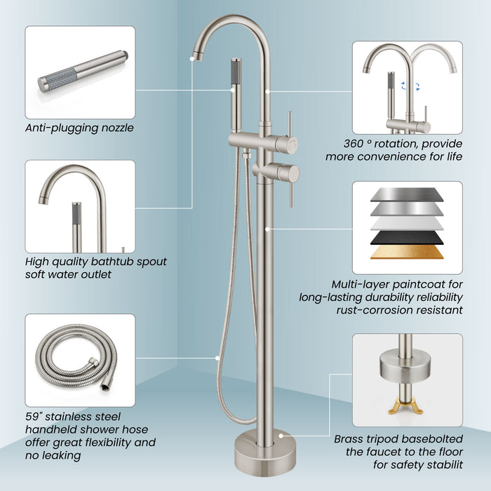 gotonovo Freestanding Tub Faucets Floor Mount Tub Filler, High Flow Free Standing Bathtub Faucet Stand Alone with Handheld Shower and Rough-in Valve,360° Swivel High-Arc Spout,SUS304