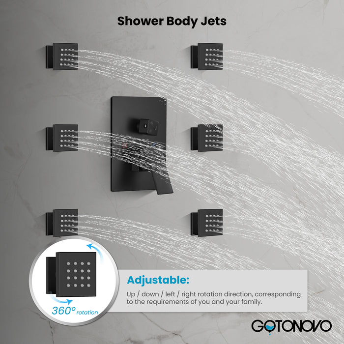 gotonovo Shower Faucet with Full Body Jets Rain Mixer 12 inch Rainfall Shower Head and Handheld Spray Combo Wall Mounted Rough-in Valve and Trim Included with 6pcs Body Message Jets
