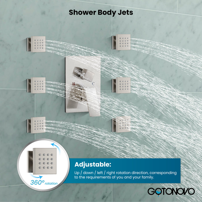 gotonovo Shower Faucet with Full Body Jets Rain Mixer 12 inch Rainfall Shower Head and Handheld Spray Combo Wall Mounted Rough-in Valve and Trim Included with 6pcs Body Message Jets