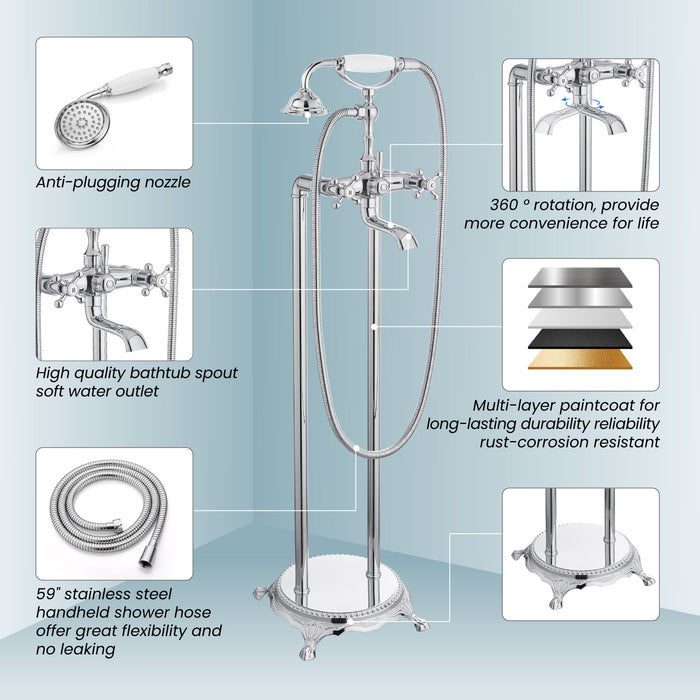gotonovo Free Standing Tub Faucet,Ceramic Handheld Spray,Clawfoot Freestanding Bathtub Faucet,Vintage Floor Mount High Flow Tub Filler with Double Cross Handles,360°Rotation Spout