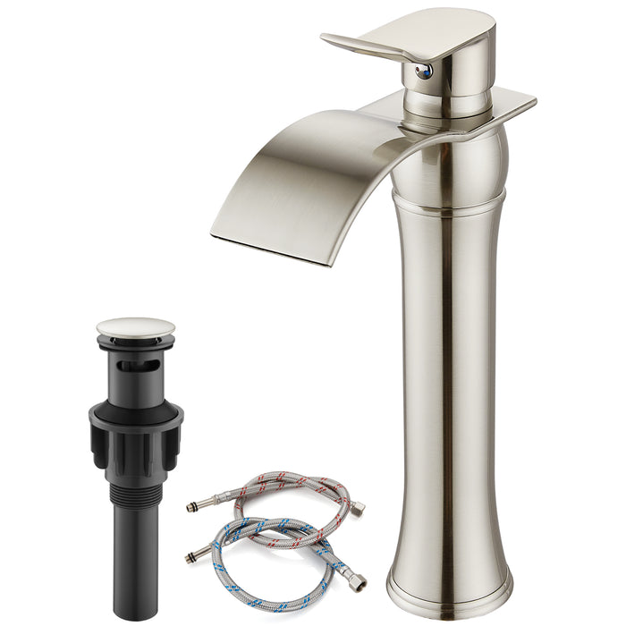 gotonovo Waterfall Vessel Sink Faucet for Sink 1 Hole,Single Handle Tall Bathroom Sink Faucet,Brass Waterfall Bathroom Faucet Arc Body Mixer Tap with Pop Up Drain and Supply Line