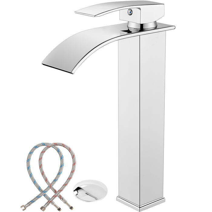 gotonovo Vessl Sink Tall Faucet Waterfall Bathroom Bowl Single Handle Single Hole Spout Sink Faucet Deck Mount with Large Rectangular Lavatory Vanities