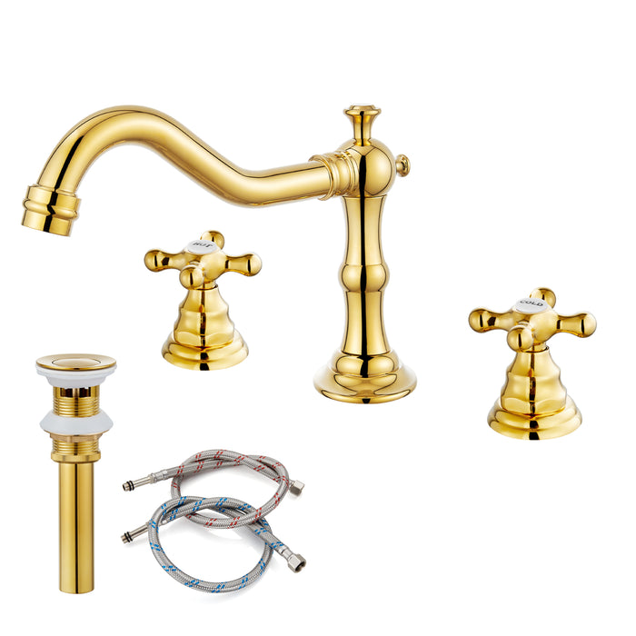 gotonovo Bathroom Sink Faucet Deck Mount Widespread Double Mixing Tap Cross Knobs 3 Hole with Pop Up Drain